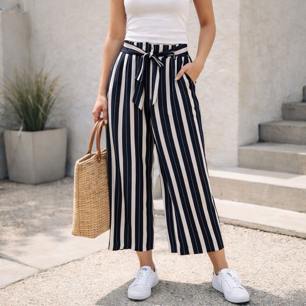 Wilfred Wide Leg Stripe Pants Tie‎ Waist Crop Navy White Size S
